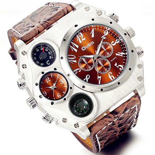 Lancardo Cool Watches for Men: Oversize Steampunk Dual Time Zone Four Dial Big Face Brown Leather Band Compass Thermometer Decorative Dial Father's Day