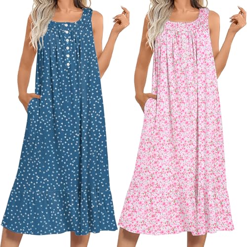 Image of Ekouaer 2 Pack Nightgowns for Women Sleeveless Long Night Gowns Victorian Nightdress with Pockets Soft Ladies Gown