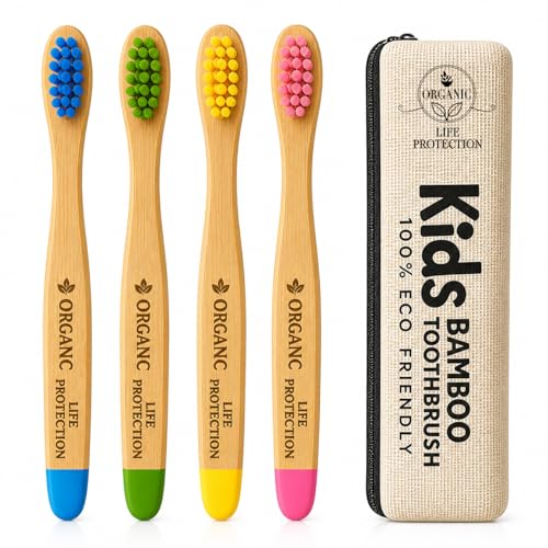 Image of Bamboo Toothbrush Combo Set - 4 Kids + 4 Adults + 1 Tongue Cleaners, Soft Bristles, BPA-Free, Eco-Friendly Wooden Toothbrush for Family Use