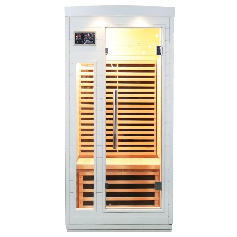 SNÖ Sauna Infrarouge 1 Place 1500W Hemlock Blanc | Chromothérapie 7 Couleurs & Système Audio Bluetooth | Porte et Fenêtres en Verre Sécurisé | Panneaux Carbone, Ionisateur d'air