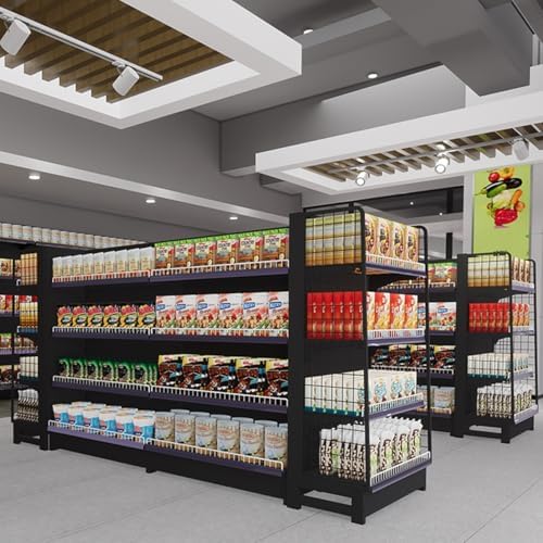 Double-Sided Gondola Shelving Display Rack with 4 Sturdy Shelves for Grocery, Liquor, Office Supplies - Sleek Market Shelf for Retail Stores