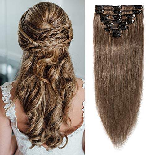 S-noilite Clip in Human Hair Extension 16 Inch 65g 8 Pieces 18 Clips Clip on Remy Hair Extensions Thin Straight Long Clip in Hairpieces For Women #6 Light Brown