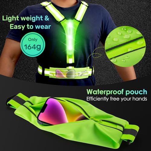 Upgraded LED Reflective Running Vest with Pouch - 4 Color Light-Up Vest with 3 Light Modes, Rechargeable Safety Gear for Night Cycling, Dog Walking & Jogging, Adjustable for Women, Men & Kids(Green)