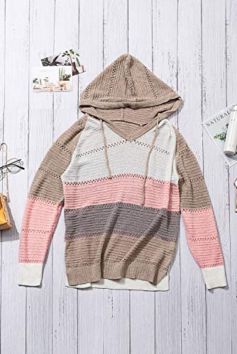 Smeng Womens Kawaii Clothes Lightweight Knit Hoodie Apricot Sweater Fall Fashion For Women 2023 Striped Color Block Casual Pullover Long Sleeve V Neck Tops Apricot L #TOP4