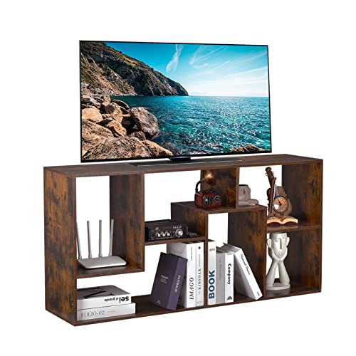 LESHUFAM TV Stand Entertainment Center for TV up to 55â€ Flat Screen, Cube TV Stand Wood TV Console Media Cabinet with 6 Tier Open Shelves for Living Room, Entertainment Room, Sturdy â€“ Rustic Brown