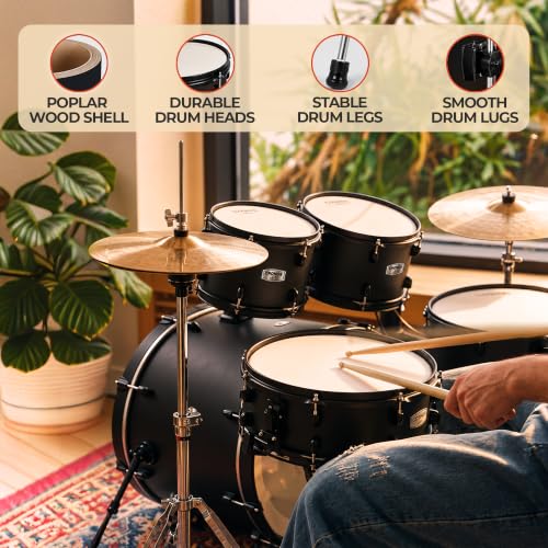 Image of ARCTIC CRONOS 22 inch 5 Piece Acoustic Drum Kit - Black | with Cymbals, Drum Throne, Hardware & Drum Sticks | Complete Drum Set for Beginners, Adults & Professional Drummers
