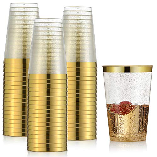 100 Gold Plastic Cups 12 Oz Gold Glitter With A Gold Rim - Premium Disposable Party Cups - Elegant And Classy Sturdy Cups - Weddings Birthdays Anniversaries And Other Social Events #TOP26
