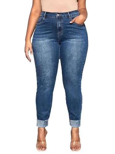 Vaimti Plus Szie Women's High-Waisted Stretch Denim Jeans, Medium Blue
