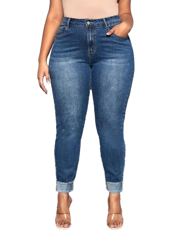 Plus Szie Women's High-Waisted Stretch Denim Jeans, Medium Blue Wash, Plus Size, Cuffed Ankle Length, Casual Style