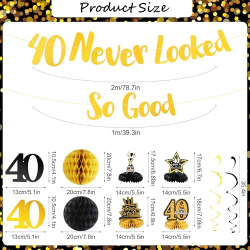 Image of 40th Birthday Decorations, Black & Gold 40th Birthday Decorations for Men & Woman inch40 Never Looked So Good inch Happy Birthday Banner with 6PCS Hanging Swirls & 4PCS Honey Ball&Table Centerpieces