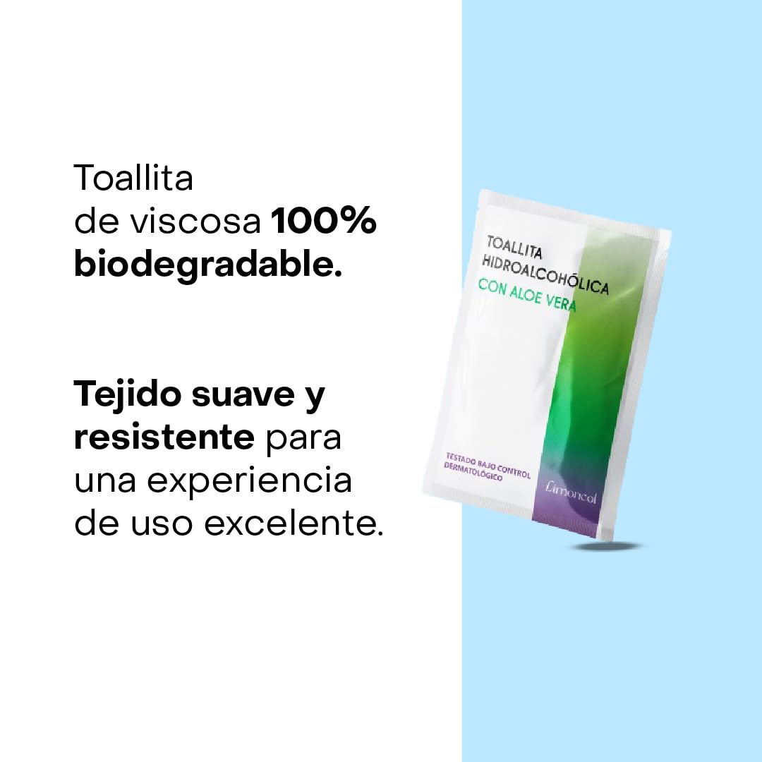 Toallitas Hidroalcohólicas con Aloe Vera, Sobres Individuales, Higiene de Manos sin Aclarado, Mínimo 70% Alcohol (100 unidades)