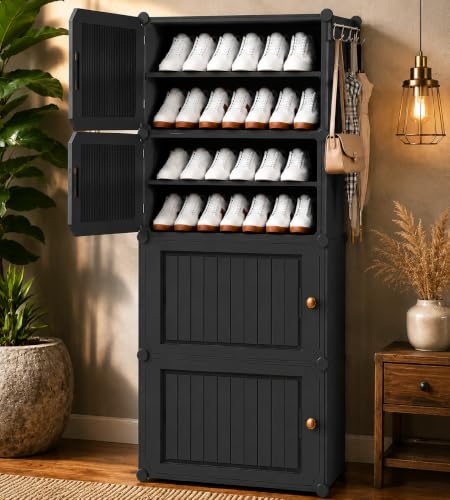 Image of Mevigo Plastic Shoe Rack for Home with Door | 9 Tier Stackable Shoe Organizer | Holds 18-Pairs |Waterproof & Dustproof | DIY Modular Shoe Cabinet |Chappal Slipper Stand (Grey-HY1, 8- Layer)