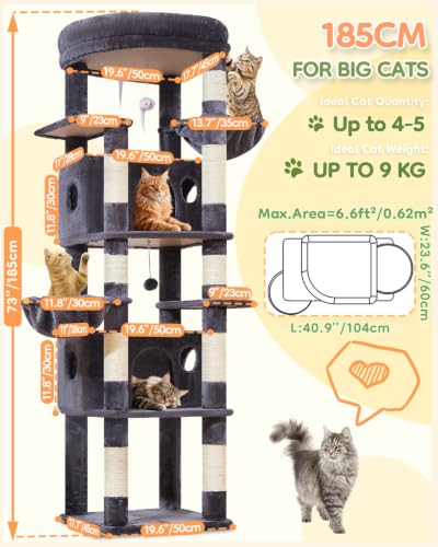 Image of Taoqimiao Heavy Duty Cat Tree, 73In Sturdy Cat Tower for Large Cats 25lbs+ | 2 Widen Condos, Enlarged Sleeping Platform, 9 Scratching Posts, 2 Cozy Baskets, Cat Toys, Smoky Gray, F30G