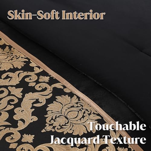 Image of CozyDH Black Gold Floral Comforter Set California King - 7 Piece Luxury Jacquard Bed in a Bag Vintage Patchwork, All Season Down Alternative Bedding with Bed Skirt, Shams, Decorative Pillow, 104x96 in