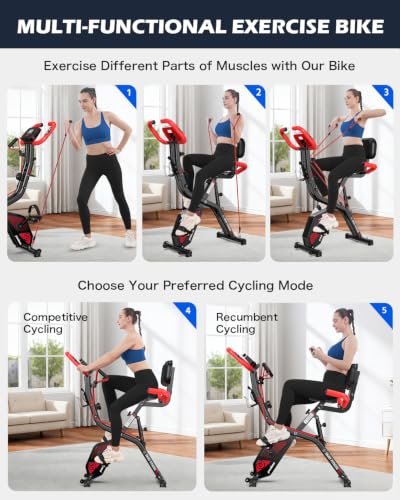 Image of pooboo Folding Exercise Bike, Foldable Upright Stationary Bike, Indoor Cycling Magnetic X-Bike with 8-Level Adjustable Resistance, 6.6 LBS Flywheel, 300LB Capacity, Back Support Cushion for Home Gym
