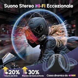Moman Auricolare Casco Moto-1000mAh Batteria, RS-H4P Cuffie Casco Moto Doppia Riduzione del Rumore con Hi-Fi Microfono Morbida/Dura FM/RGB/IPX6/Controllo Musica/Vocale AI Auricolari Moto Per Singola