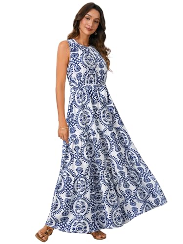 Image of Rooscier Women's Sleeveless Boho Maxi Dress | Halter Neck Print Tiered A Line Beach Dresses