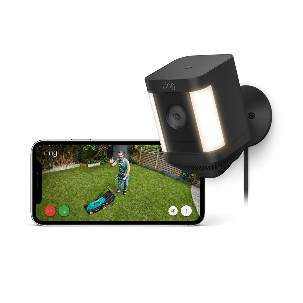 Ring Ring Spotlight Cam Plus Plug-In | Outdoor Security Camera 1080p HD Video, Two-Way Talk, Night Vision, LED Spotlights, Siren, alternative to CCTV system, 30-day free trial of Ring Home
