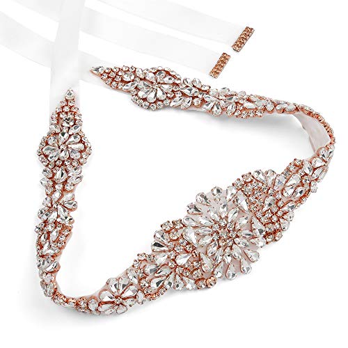 Preisvergleich Produktbild Hochzeitsgürtel / Schärpe, mit Perlen / Strass / Kristallsteinen, weiße Schleife Roségold + Weiß