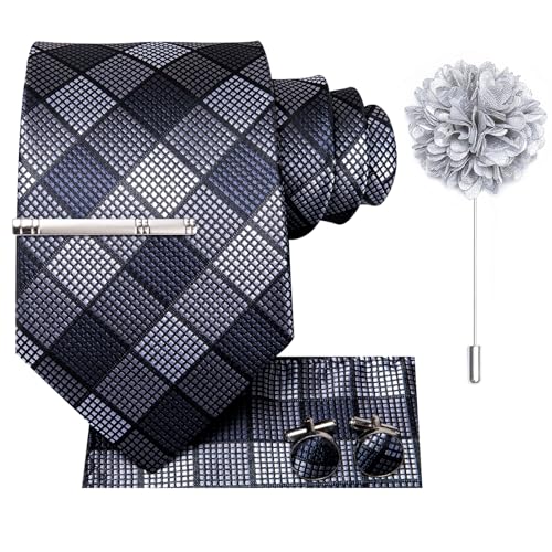 Image of Hi-Tie Plaid Black Silver Ties Men Set Silk Woven Necktie and Pocket Square Lapel Pin Silver Tie Clip Cufflinks Set Wedding Business 6PCS