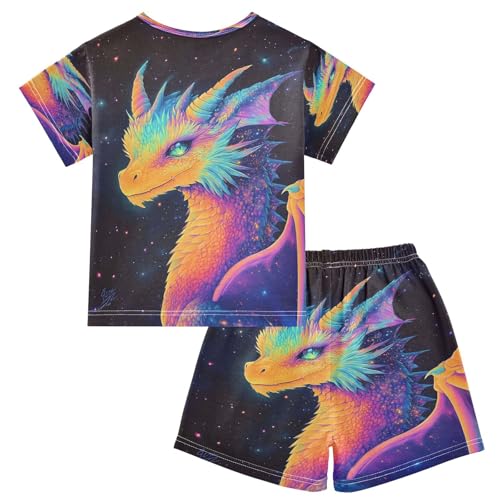 ALAZA Colorful Dragon Cute Stylish Pajamas Set Short Sleeve Cotton Sleepwear Summer Pjs 2 Piece 5-14Y2