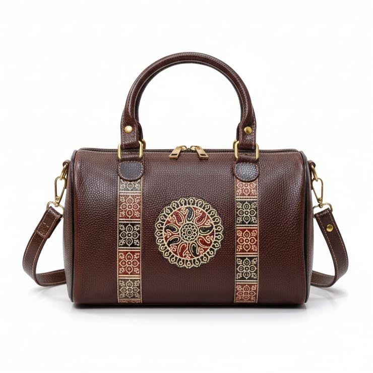 ​Brown 100% Pure Leather Sling Bag with floral hand painted Traditional Shantiniketan Handcraft Product, Size(8H x 10L x 5W) cm, Doctor Sling with 4 compartments (The hand printed design may change)-image-30