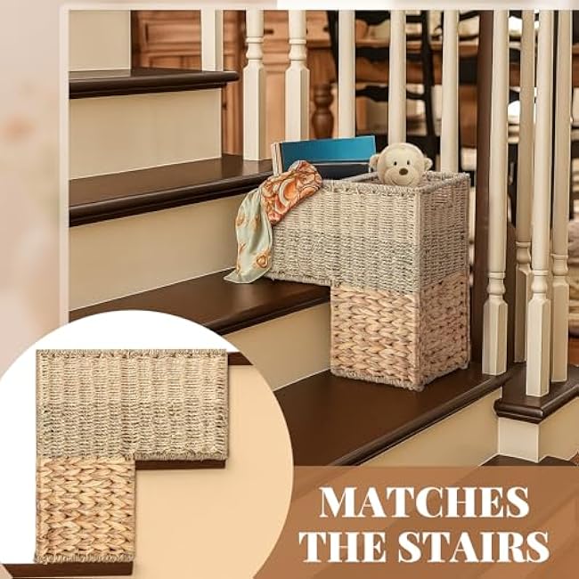 Stair Basket Wicker Stair Step Basket with Handles for Wooden & Carpeted, Natural Woven Water Hyacinth Staircase Storage Organizer for Home and Office Decoraton