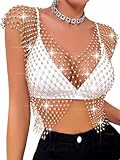 Nicute Women Sexy Mesh Rhinestone Top Sheer See Through Crop Top Sparkly White Crystal Bikini Cover Up Nightclub Cropped Tops (Gold)