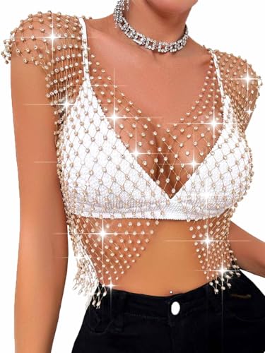 Nicute Women Sexy Mesh Rhinestone Top Sheer See Through Crop Top Sparkly White Crystal Bikini Cover Up Nightclub Cropped Tops