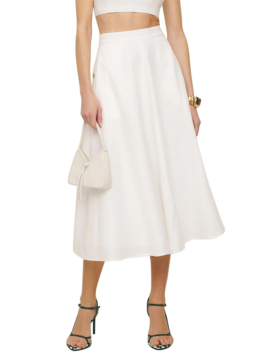 Womens Cotton Linen Skirts Spring Summer A Line Pleated Maxi Midi Skirt with Pockets