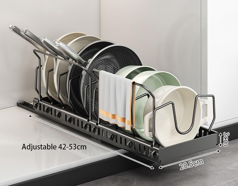 Ausziehbarer Topf- und Pfannen-Organizer für Schrank, ausziehbarer Schrank-Organizer für Topf- und Pfannen-Aufbewahrung, Topfdeckel-Organizer und Halter mit Leitplanke (schwarz, 10 Trennwände