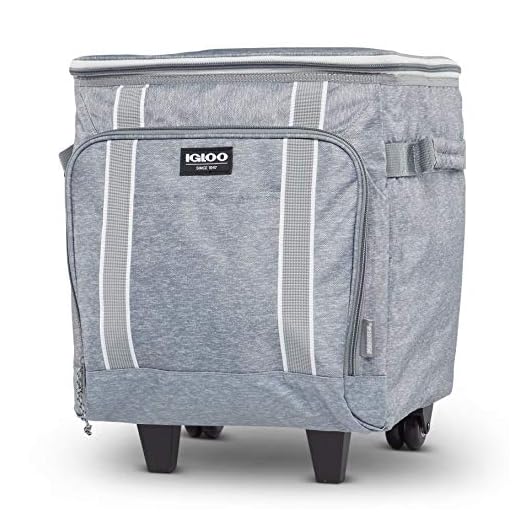 Igloo 40 Can Large Portable Lunchbox Soft Sided Insulated Cooler Box with Wheels and Height Adjustable Pull Bar for Hiking, Camping, Fishing, and Picnics, Light Gray
