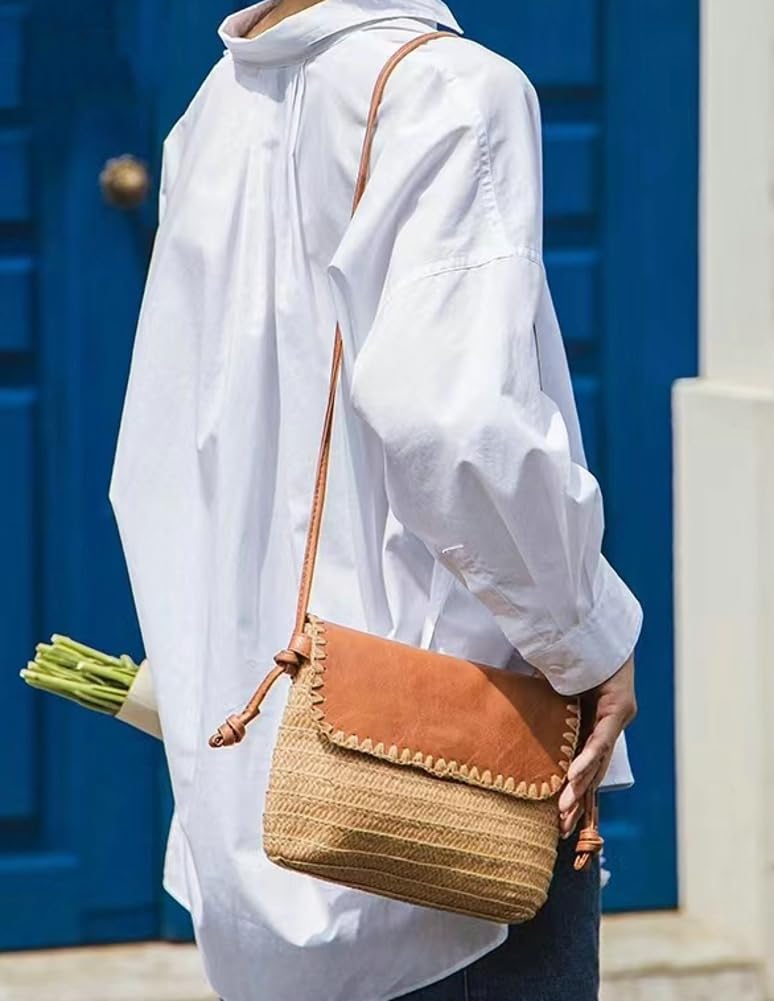 Rungion Small Straw Clutch for Women Trendy Handbag Summer Beach Straw Purse Woven Envelope Crossbody Shoulder Bag