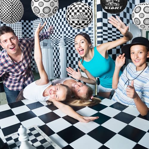 Image of VIHOSE 12 Pieces Black and White Checkered Paper Lanterns Race Car Party Decorations 8 Inch Checkered Flag Hanging Round Paper Lanterns for Checkered Flag Party Birthday Indoor Outdoor Supplies