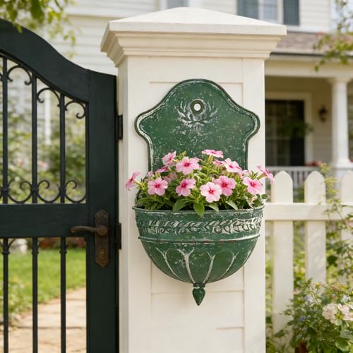 Xynthorvex Vintage Distressed Green Metal Wall Planter, Rustic Hanging Pocket Planter with Scrollwork & Scalloped Design, Farmhouse Wall Decor for Indoor & Covered Outdoor Garden, Porch & Entryway