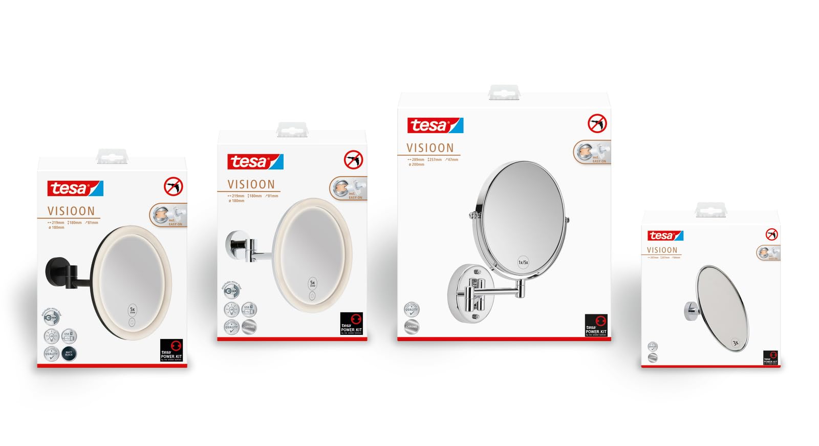 tesa VISIOON Espejo Cosmético de Pared con 3x de Aumento - Espejo Redondo para Maquillaje - Montaje Autoadhesivo sin Taladro para Baldosas, Metal y Otras Superficies, 14 cm de Diámetro, Color Plateado