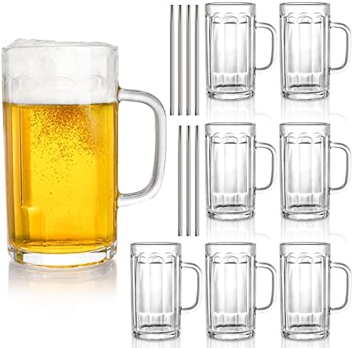 ZENFUN 8 Pack Heavy Large Beer Glasses, 14 Oz Glass Beer Mugs with Handle & Stainless Steel Straws, Beer Glass Steins Heavy Base Pub Drinking Mugs for Wine, Juice, Iced Tea