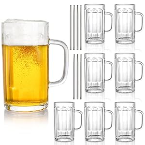 ZENFUN 8 Pack Heavy Large Beer Glasses, 14 Oz Glass Beer Mugs with Handle & Stainless Steel Straws, Beer Glass Steins Heavy Base Pub Drinking Mugs for Wine, Juice, Iced Tea