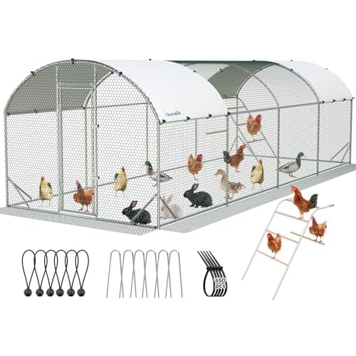 Quictent Essential Series 24x9x6.6ft Metal Chicken Coop Run with Climbing Ladder, Walk-in Outdoor Poultry Cage with PVC Coated Chicken Wire, Hen Duck