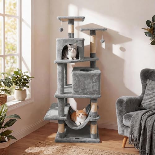 Árbol para Gatos Moderno de 57 pulg. con 2 Condos y Rascadores miniatura 1