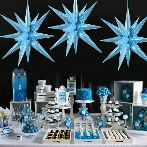 Image of TONIFUL 4 Pcs Star Balloons Light Blue Foil Explosion Party Decoration | 22 Inch Large Mylar Star Balloon for Christmas New Year Boys Birthday Party Wedding Baby Shower Photo Booth Supplies