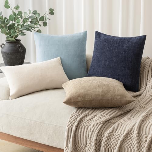 Image of Foindtower Pack of 2 Textured Chenille Throw Decorative Pillow Covers Square Accent Solid Cushion Cover Neutral Farmhouse Modern Pillow Case for Couch Sofa Bedroom Living Room 26x26 Inch,Light Blue