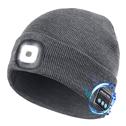 Unisex Bluetooth Beanie Hat with Light,4 LED USB Rechargeable Wireless Headphones Tech Caps,Gifts for Men Father Dad Husband Boyfriend Him Women Teen Boys (Grey)