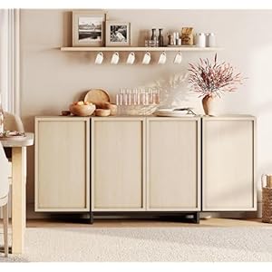 WAMPAT Modern Sideboard Buffet Cabinet with 4 Doors, Multifunctional Sideboard with Large Storage and T-Shaped Legs, Coffee Bar Cabinet Storage Cabinet for Kitchen, Living Room, Light Oak