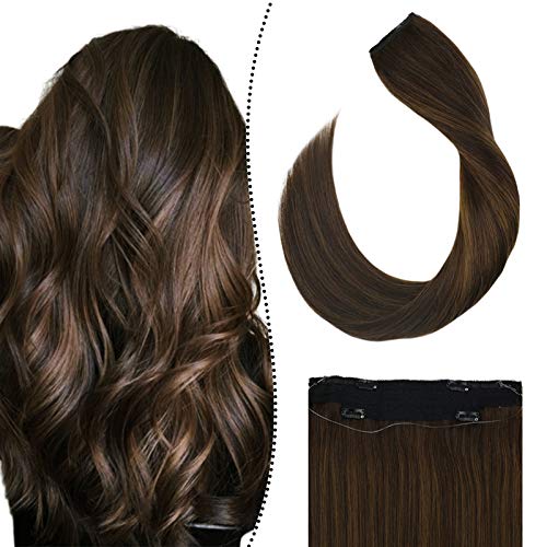 Ugeat Halo Human Hair Extensions Real Remy Human Hair Extensions 70 Grams Invisible Halo Hair Extensions Flip Hair Extensions Balayage Brown Color Hairpiece #2/6/2 12" for Short Hair