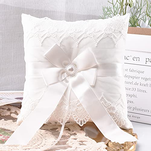 STAFUNI Wedding Ring Pillow Cushion Lace Pearl Design Ivory Ring Bearer Pillows for Wedding Party