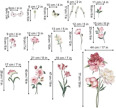 wondever Pink Peony Rose Floral Wall Stickers Garden Flower Peel and Stick Wall Art Decals for Bedroom Living Room TV Wall