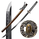 Handmade Japanese Katana Sword - Hand Forged Full Tang Samurai Sword 1095 Steel/T10 Steel Clay Tempering/Damascus Steel/Damascus Steel Clay Tempering, Copper Tsuba, Genuine Ray Skin