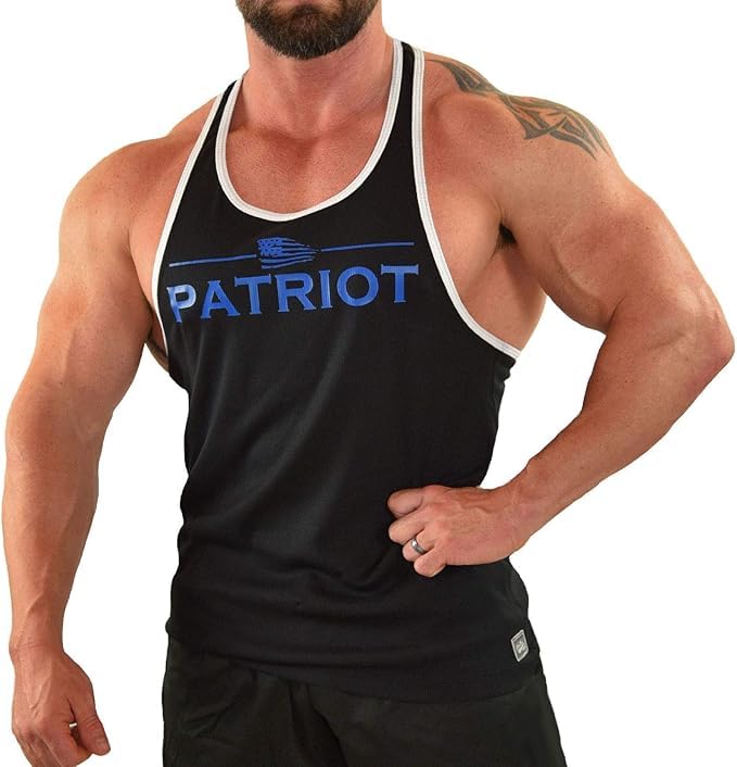 Men's Black with White Trim Bodybuilding, Y-Back, Gym Fitness, Workout, Training, Tank Top with Blue Patriot in Blue Design