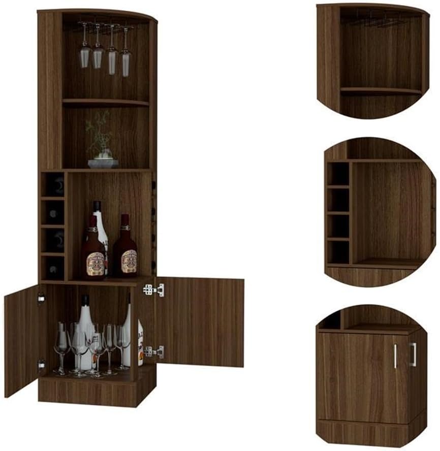 BOWERY HILL Corner Bar and Wine Cabinet, Weathered Oak Finish, 71.1 in Tall, Space-Saving with 8 Bottle Cubbies, 12 Wine Glass Rack, 2 Shelves, Built-in Storage, Home Bar Furniture